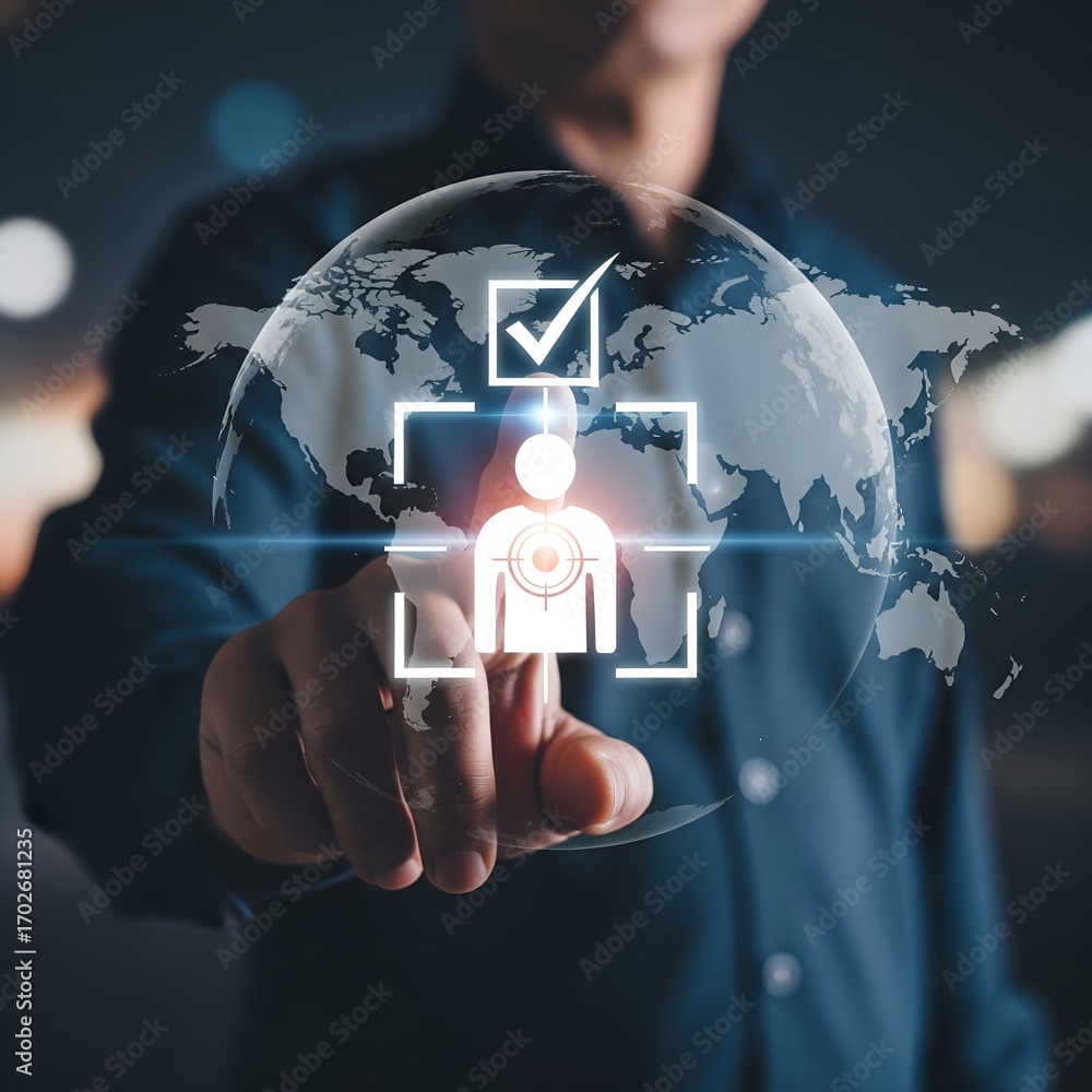 Poster man s finger touching a digital globe with a target on a person icon