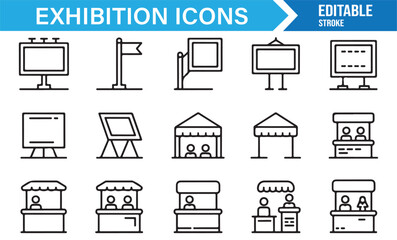 Editable vector icons of exhibition stalls, trade show kiosks, event tents, and advertising signs