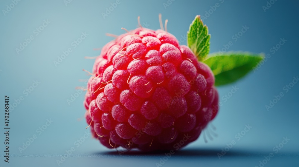 Poster close-up of a vibrant raspberry with a fresh leaf.