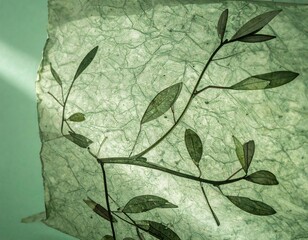 Green paper with pressed leaves. Sunlight highlights texture