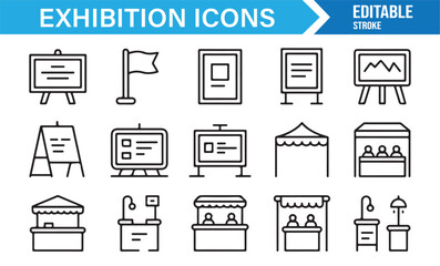 Outline symbols of fair booths, tents, stands, kiosks, and presentation boards for business expo