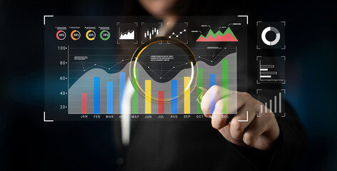 A business data analysis and performance monitoring dashboard. A collection of charts and graphs for strategic review and company evaluation. Motif