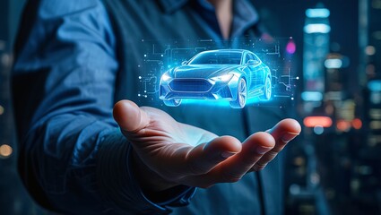 Futuristic holographic car display held in hand