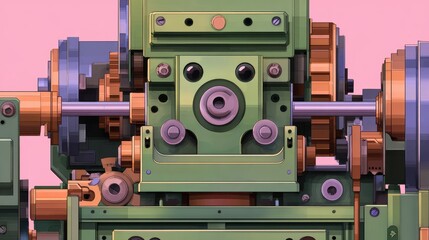 Detailed view of a vintage mechanical machine showcasing intricate gears and components against a pastel backdrop