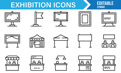 Set of exhibition and trade show icons including display boards, tents, stalls, and pavilions