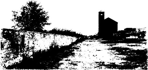 Obraz premium Black ink silhouette of urban wall with graffiti for artistic street design