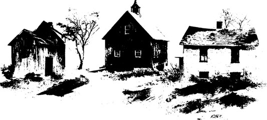 Obraz premium Black ink silhouette set of abandoned buildings - urban decay and architectural silhouettes