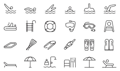 Line icon set of swimming, diving, snorkeling, pool equipment, and summer beach holiday leisure symbols in outline vector style