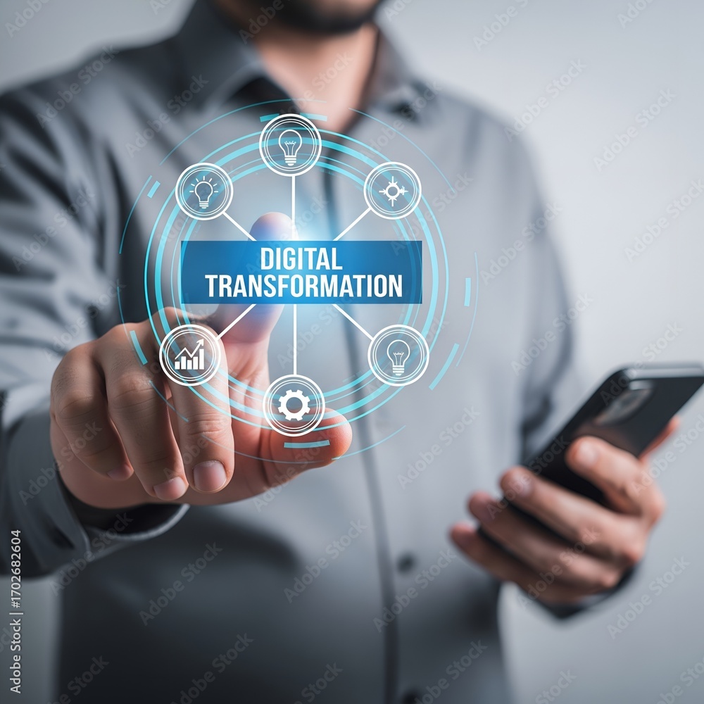 Aufkleber man touching digital transformation network on screen with smartphone in hand