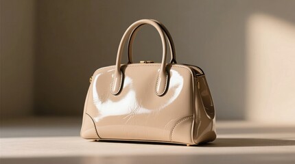 Beige Patent Leather Handbag Isolated on Indoor Background