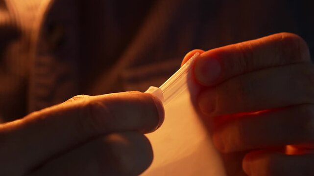 A close-up of a person holding a plastic sealed bag.
A person zips up a sealed bag in a dark woven room.
A plastic sealed vacuum bag for storing food.