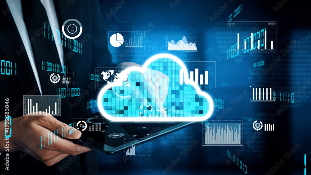 Poster a businessman interacts with a tablet displaying dynamic cloud computing technology, focusing on dig