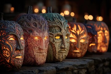 Pumpkins carved with intricate spooky face