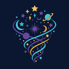 The "Cosmic Creativity" logo features a vibrant swirl of celestial elements, including stars, planets, and cosmic symbols, creating a dynamic and imaginative visual. 