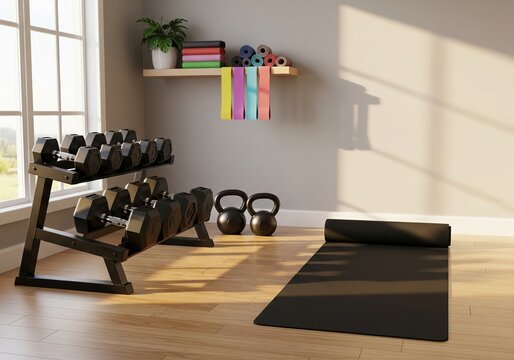 Home gym with dumbbells kettlebells yoga mat and natural light