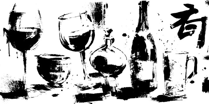 Black ink silhouette set of alcohol bottles and glasses for urban art projects