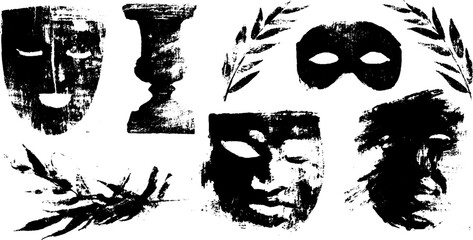 Black ink silhouettes of antique symbols and masks for design and decoration