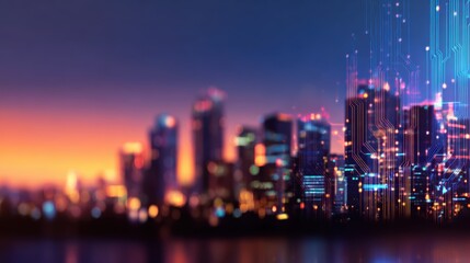 Naklejka premium Vibrant city skyline at dusk with digital overlay, showcasing urban innovation and technology