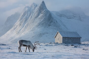 Reindeer grazing near a snowy cabin