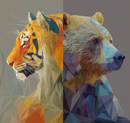 vector illustration of a polygonal-headed tiger and bear, with vector graphics on a gray background.