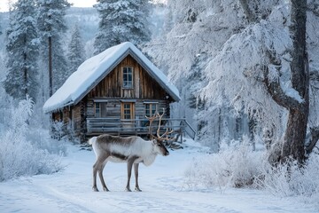 Reindeer grazing near a snowy cabin