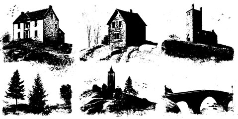 Obraz premium Black ink silhouette set of architectural houses and structures for urban design