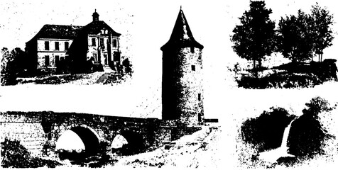 Obraz premium Black ink silhouettes of architecture and nature elements for design inspiration