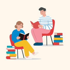 This illustration depicts a man and woman reading a book. The mid-century modern design style adds a clean, modern feel.