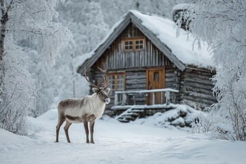 Reindeer grazing near a snowy cabin