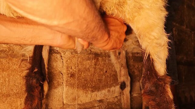 Syrian farmer milks an Awassi sheep in a rustic barn in Aleppo countryside, showcasing authentic Middle Eastern dairy traditions. Perfect for agriculture, livestock, and cultural documentation.