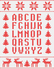 red alphabet on white knitted background. Decorative Christmas poster