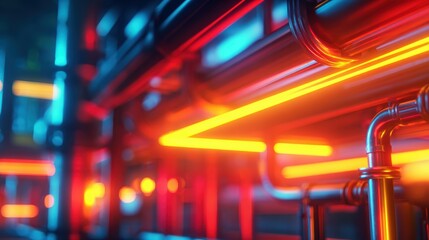 Vibrant industrial scene featuring glowing neon pipes and tubing in a futuristic setting with reflections