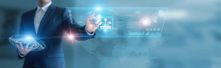 Businessman working with digital device with algorithm development, data processing, computational...