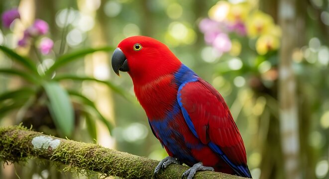Vibrant Red Eclectus Parrot Perched on Mossy Branch in Lush Tropical Forest.