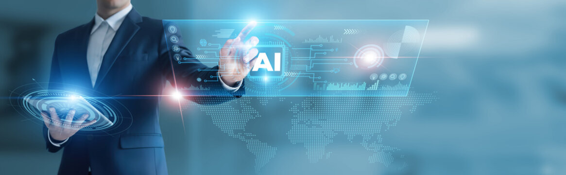 Businessman working with digital device with AI technology, machine learning, predictive analytics, automation systems, smart solutions