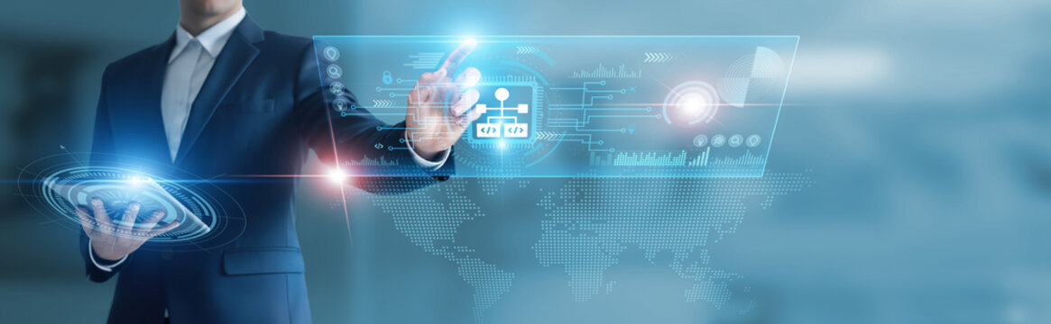 Businessman working with digital device with algorithm development, data processing, computational models, predictive systems, optimization techniques