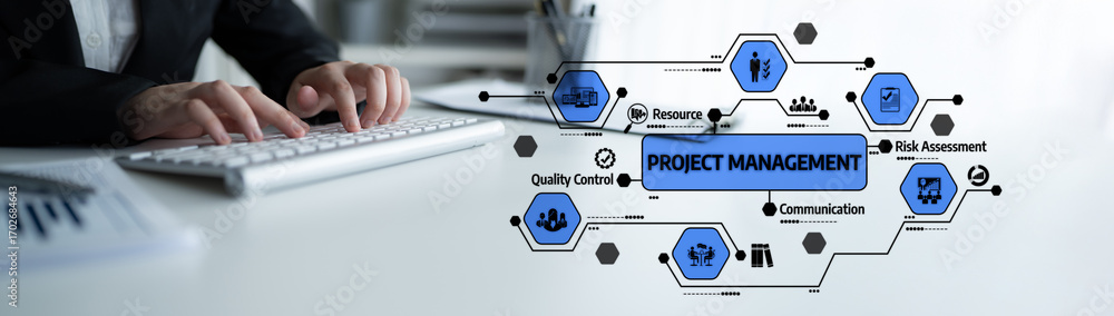 Aufkleber a modern workspace featuring hands typing on a keyboard with project management icons, emphasizing b