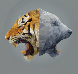 vector illustration of a polygonal-headed tiger and bear, with vector graphics on a gray background.