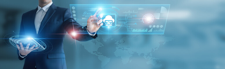Businessman working with digital device with cloud security, encryption systems, threat protection,...
