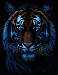 Tiger portrait, glowing blue