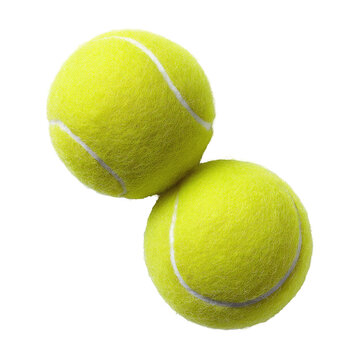 Two tennis balls positioned in a slight overlap, against a black background.  Yellow rubbery balls with white lines