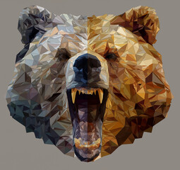 vector illustration of a polygonal-headed tiger and bear, with vector graphics on a gray background.
