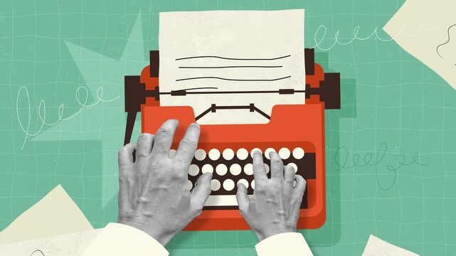 Stop-motion animation of hands typing on a vintage vector typewriter with moving paper and decorative elements, creating a nostalgic storytelling atmosphere. 4K