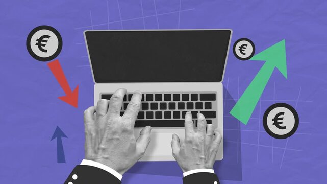 Animated collage of hands typing on a laptop with euro signs and arrows symbolizing financial growth, trading, and economic activity. Stop motion style with moving elements on a textured background.