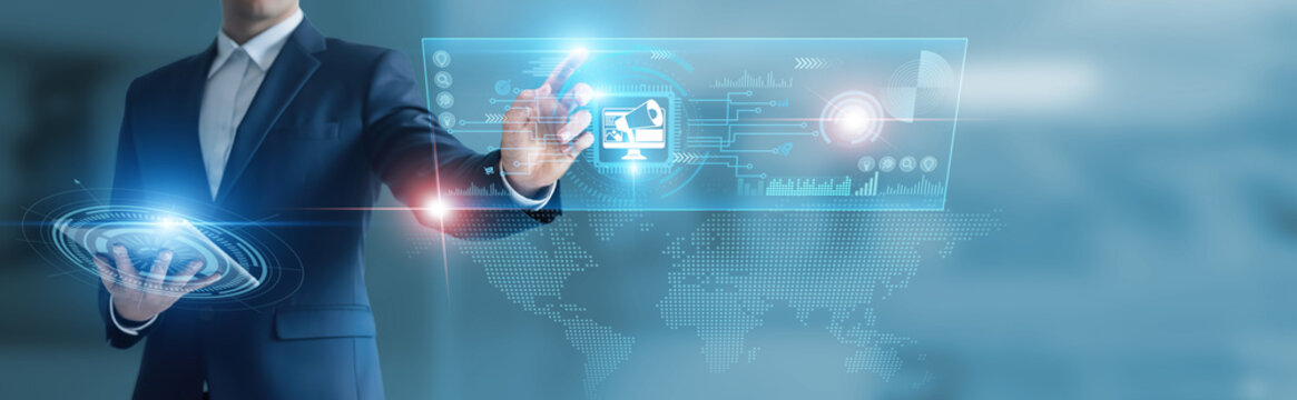 Businessman working with digital device with DevOps pipelines, continuous integration, agile deployment, cloud automation, software delivery