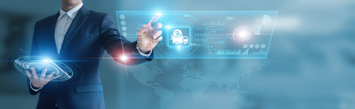 Businessman working with digital device with distribution, supply chain management, logistics solutions, inventory control, delivery networks