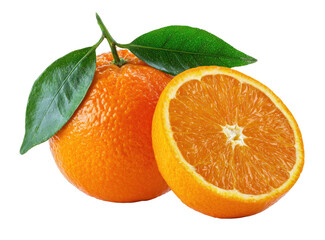 Fresh orange fruit, whole and halved