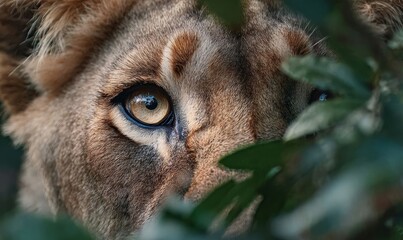 Close-up of a lioness eye peering through green foliage. Wildlife photography capturing the intensity and mystery of a big cat in nature.