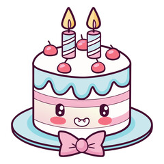 Cute Kawaii Birthday Cake with Candles and Smiling Face Vector Illustration 