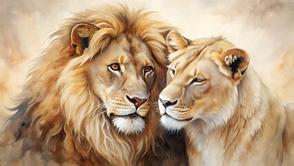 Fototapeta premium A tender moment between a lion and lioness, showcasing their bond and affection in a beautiful watercolor painting style